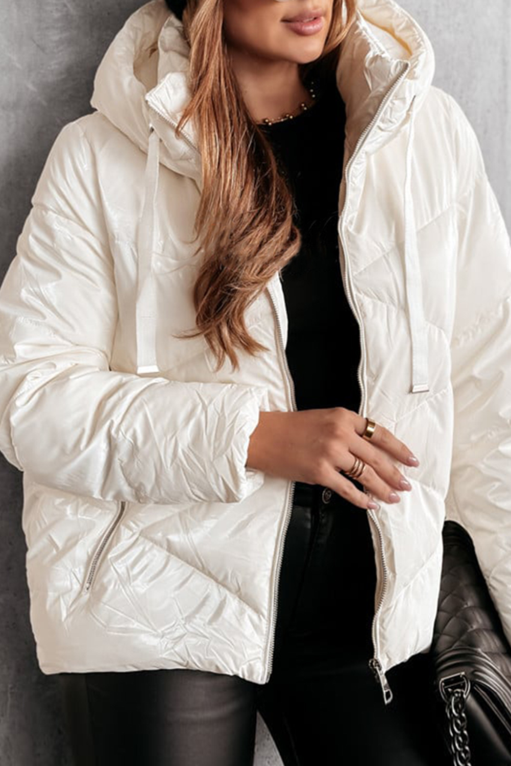 Stylish and Warm Quilted Puffer Coat with Drawstring Hood - White - Detail View 2 Stylish and Warm Quilted Puffer Coat with Drawstring Hood - White - Detail View 2