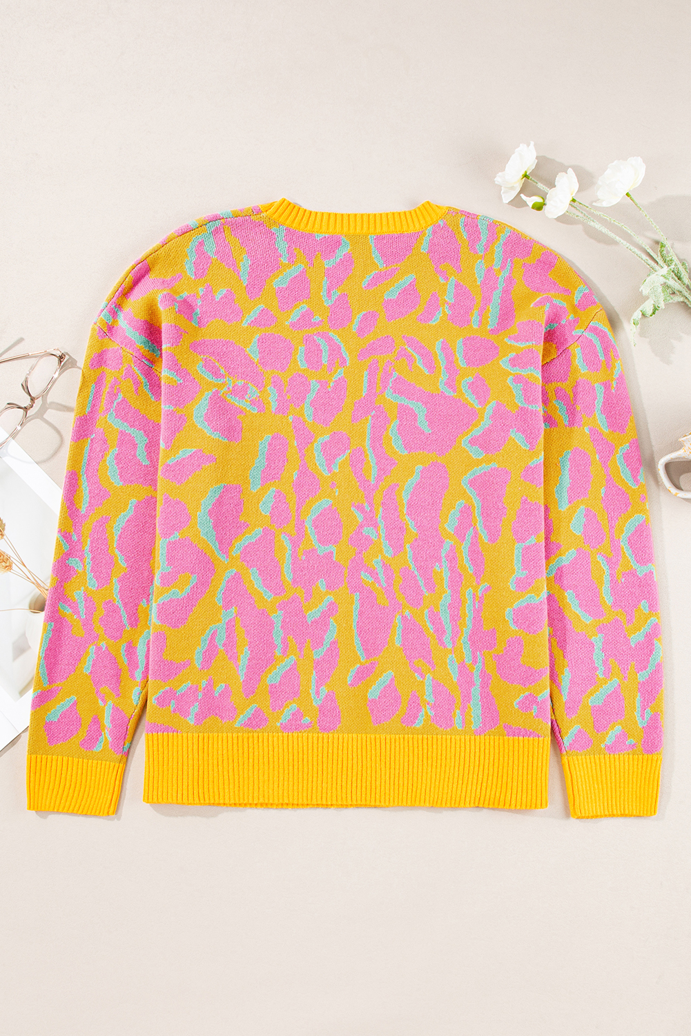 Relaxed Fit Long Sleeve Sweater: Abstract Print in Vitality Orange - Detail View 12 Relaxed Fit Long Sleeve Sweater: Abstract Print in Vitality Orange - Detail View 12