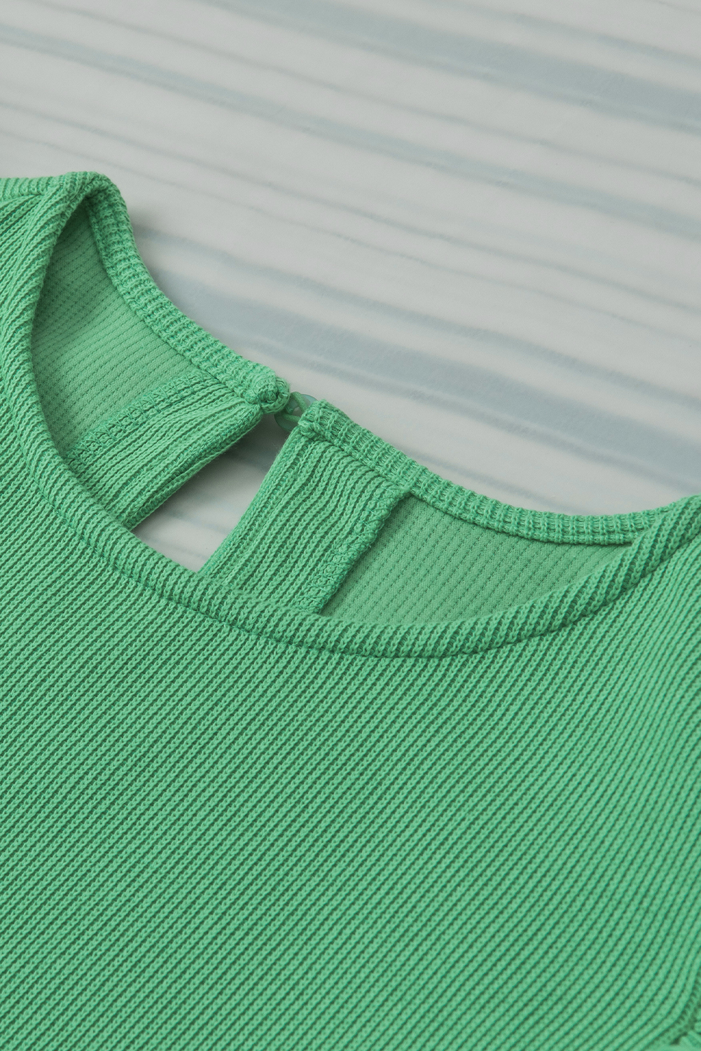 Women's Green Ribbed Blouse, Ruffle Sleeve Casual Top - Detail View 7 Women's Green Ribbed Blouse, Ruffle Sleeve Casual Top - Detail View 7