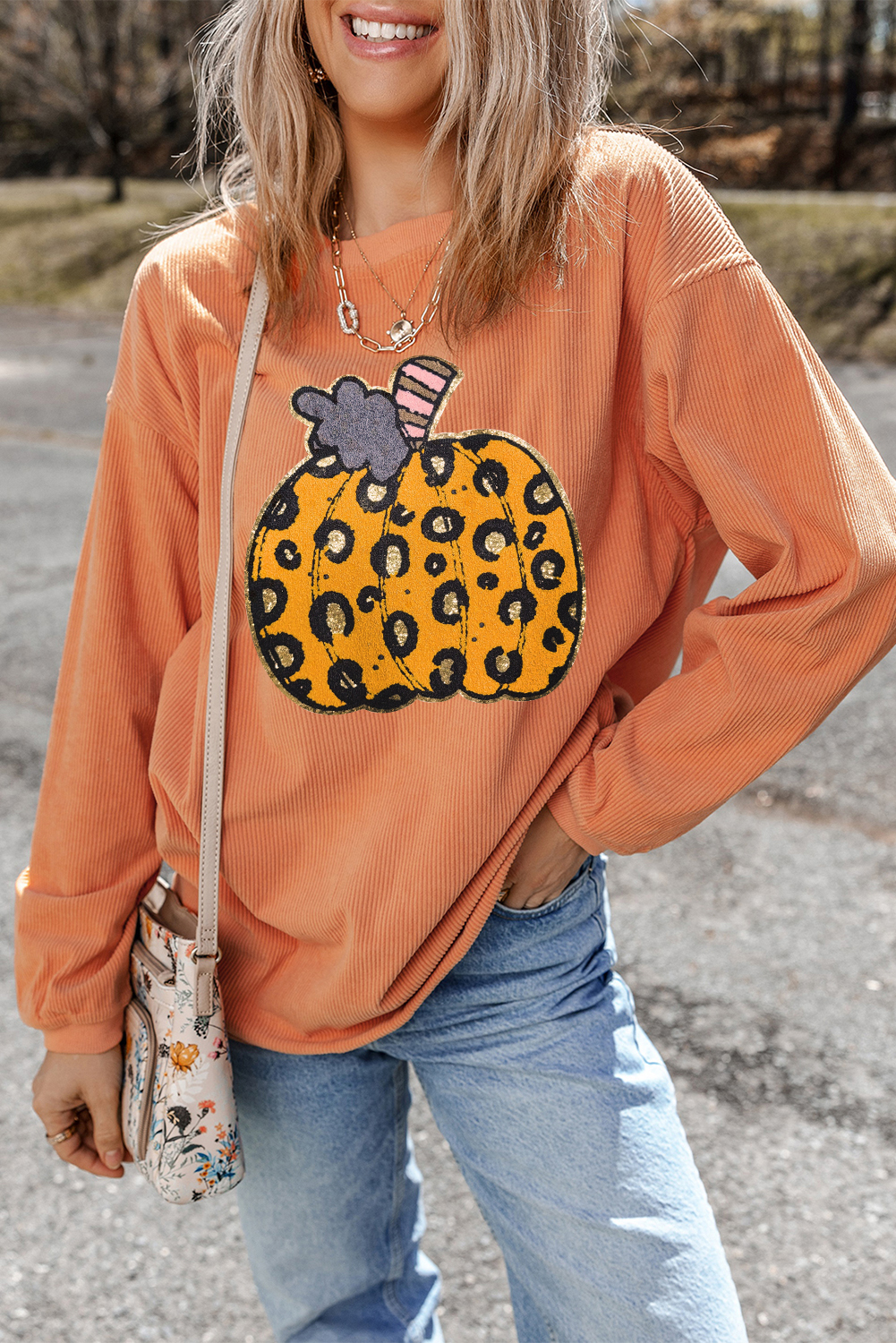 Festive Halloween Sweatshirt - Unique Leopard Pumpkin Print Design - Detail View 2 Festive Halloween Sweatshirt - Unique Leopard Pumpkin Print Design - Detail View 2