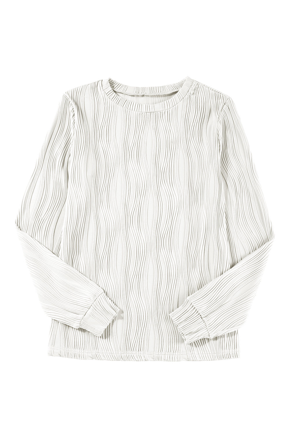 Elevate your casual wardrobe with this Women's White Textured Wavy Round Neck Long Sleeve Top. The intricate wavy fabric adds a distinctive tactile appeal, creating a unique and stylish look. The classic round neck design is suitable for most and complements any outfit. This timeless top features a concise style and solid white color, making it versatile and easy to style. Made from a premium blend of 91% polyester and 9% elastane, this top offers both comfort and durability. The long sleeves make it perfect for the fall and autumn seasons, pairing well with any fashionable jeans and pants. Whether for work or daily wear, this top is a must-have addition to your wardrobe, offering a modern and chic style. - Detail View 14 Elevate your casual wardrobe with this Women's White Textured Wavy Round Neck Long Sleeve Top. The intricate wavy fabric adds a distinctive tactile appeal, creating a unique and stylish look. The classic round neck design is suitable for most and complements any outfit. This timeless top features a concise style and solid white color, making it versatile and easy to style. Made from a premium blend of 91% polyester and 9% elastane, this top offers both comfort and durability. The long sleeves make it perfect for the fall and autumn seasons, pairing well with any fashionable jeans and pants. Whether for work or daily wear, this top is a must-have addition to your wardrobe, offering a modern and chic style. - Detail View 14