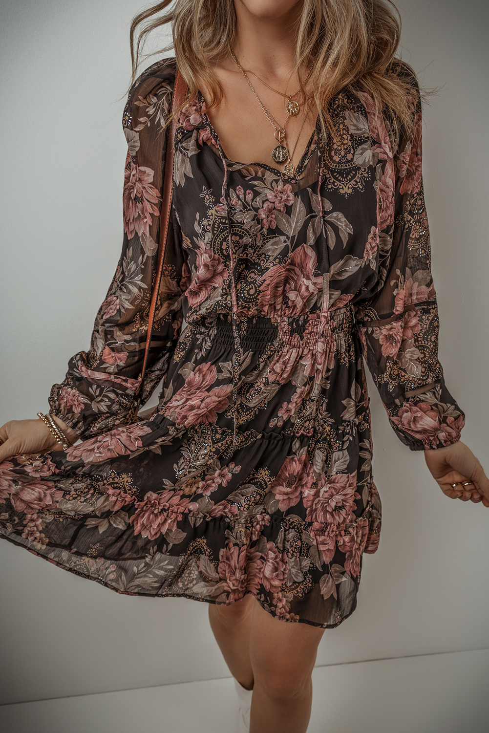Flattering Smock Waist Floral Dress with Elegant V Neck - Black Mini Dress - Detail View 3 Flattering Smock Waist Floral Dress with Elegant V Neck - Black Mini Dress - Detail View 3