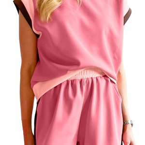 Women's Colorblock Short Set, Casual Peach Blossom Tee Outfit - Main View