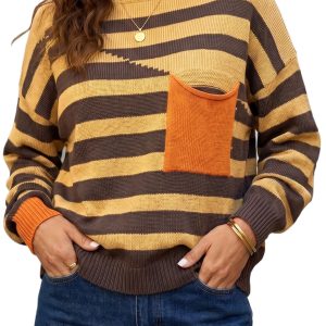 Women's Striped Pullover Sweater, Casual Drop Shoulder - Main View