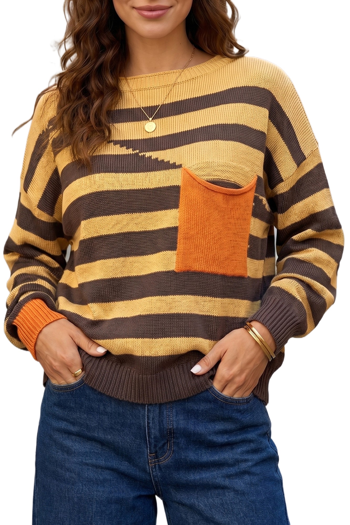 Women's Striped Pullover Sweater, Casual Drop Shoulder - Main View Women's Striped Pullover Sweater, Casual Drop Shoulder - Main View