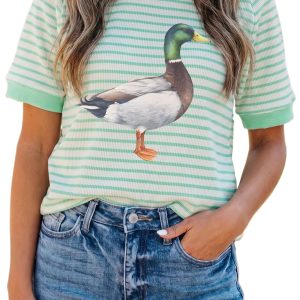 Women's Duck Graphic Tee, Casual Striped Summer Top - Main View