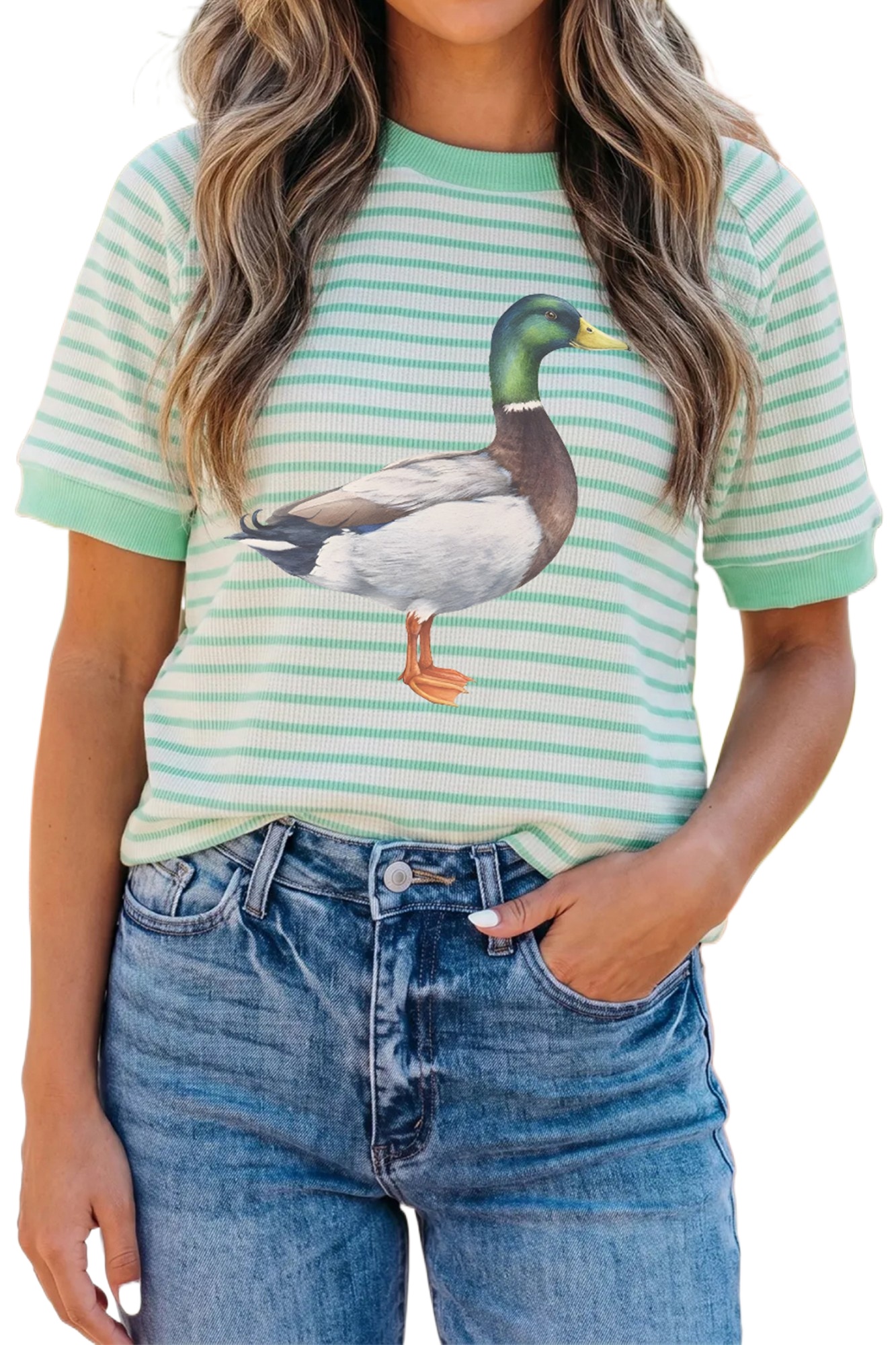 Women's Duck Graphic Tee, Casual Striped Summer Top - Main View Women's Duck Graphic Tee, Casual Striped Summer Top - Main View
