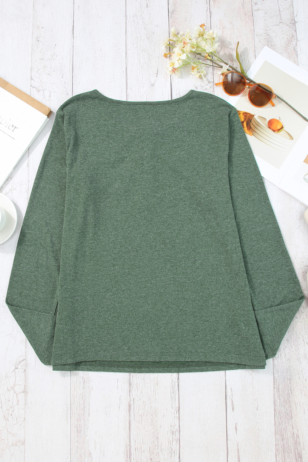 Soft Long Sleeve Henley, Women's Casual Mist Green Pullover - Detail View 9 Soft Long Sleeve Henley, Women's Casual Mist Green Pullover - Detail View 9
