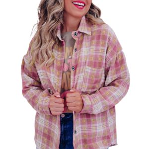Women's Pink Plaid Print Chest Pocket Long Sleeve Shacket - Main View