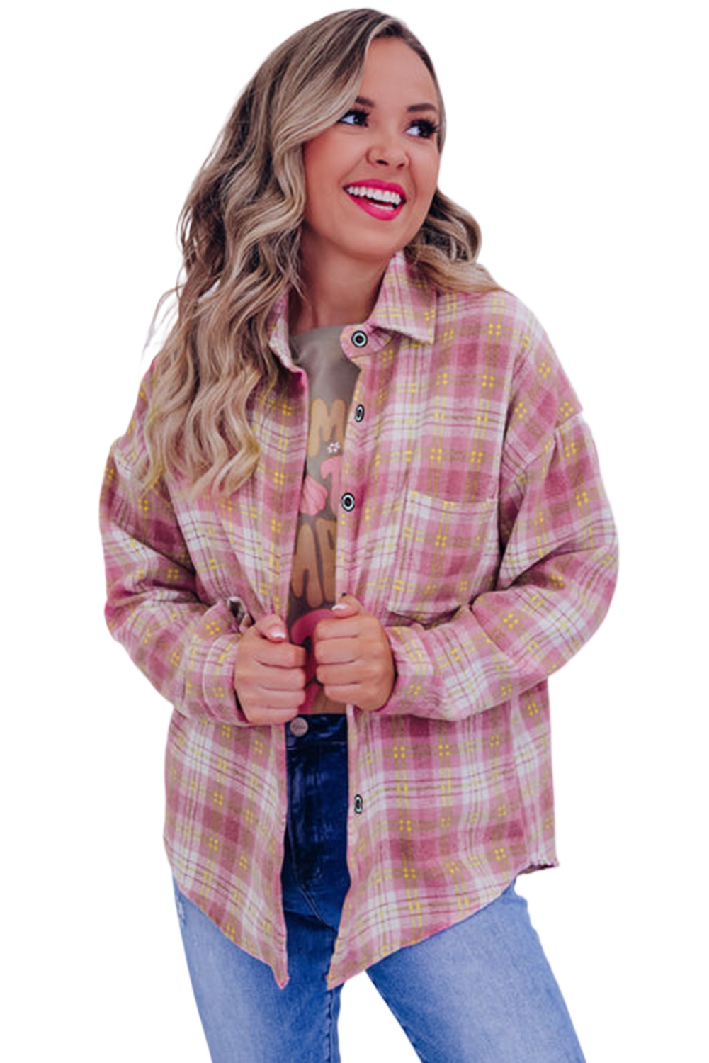 Women's Pink Plaid Print Chest Pocket Long Sleeve Shacket - Main View Women's Pink Plaid Print Chest Pocket Long Sleeve Shacket - Main View