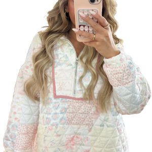Women's Floral Quilted Sweatshirt, Casual Zip Collar Pullover - Main View