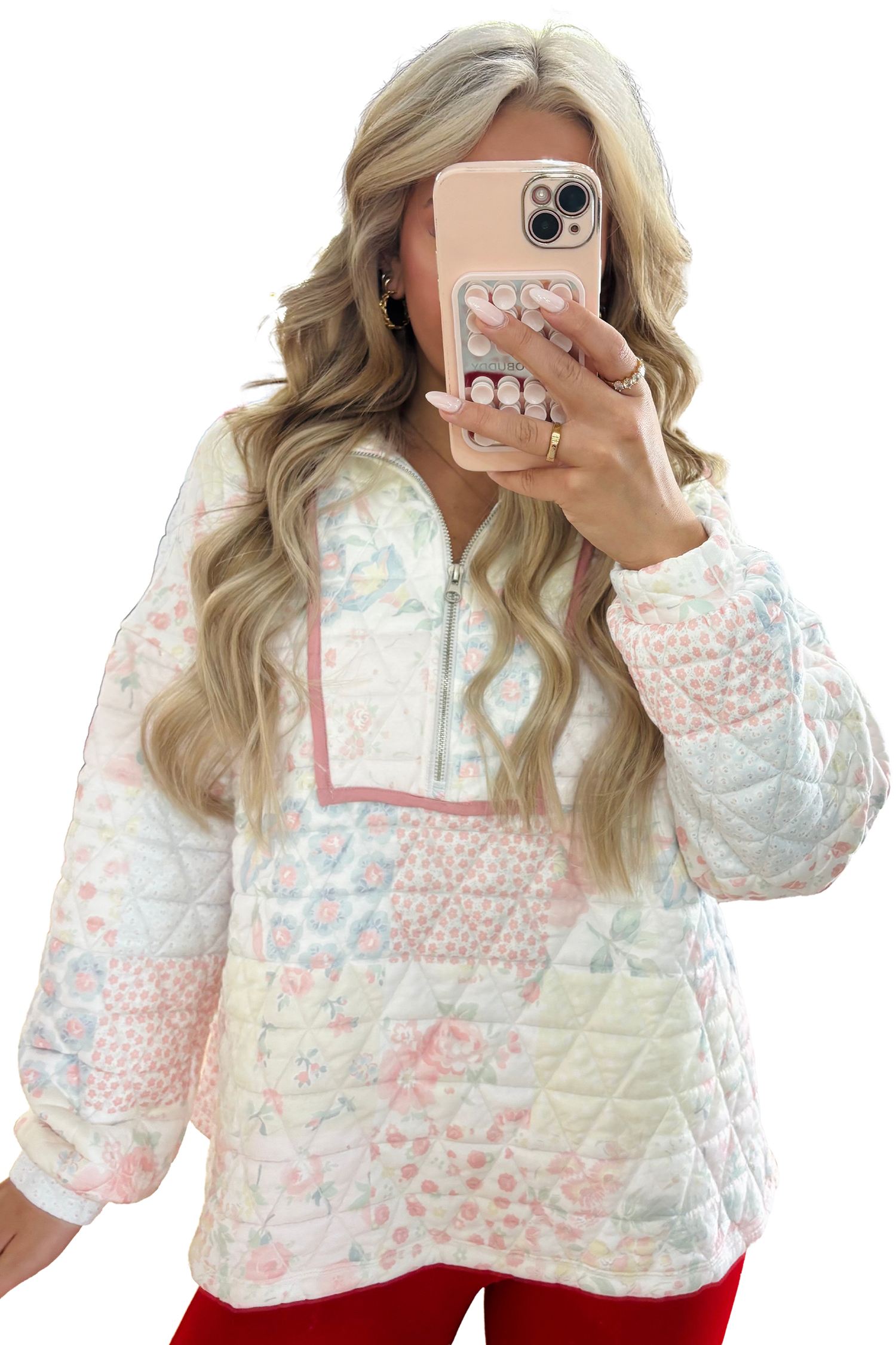 Women's Floral Quilted Sweatshirt, Casual Zip Collar Pullover - Main View Women's Floral Quilted Sweatshirt, Casual Zip Collar Pullover - Main View