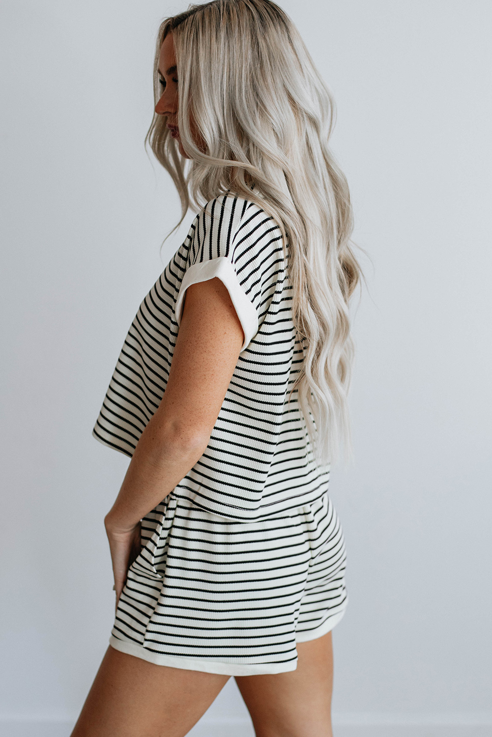 Relaxed Ribbed Shorts Set, Women's Daily Striped Tee Loungewear - Detail View 3 Relaxed Ribbed Shorts Set, Women's Daily Striped Tee Loungewear - Detail View 3