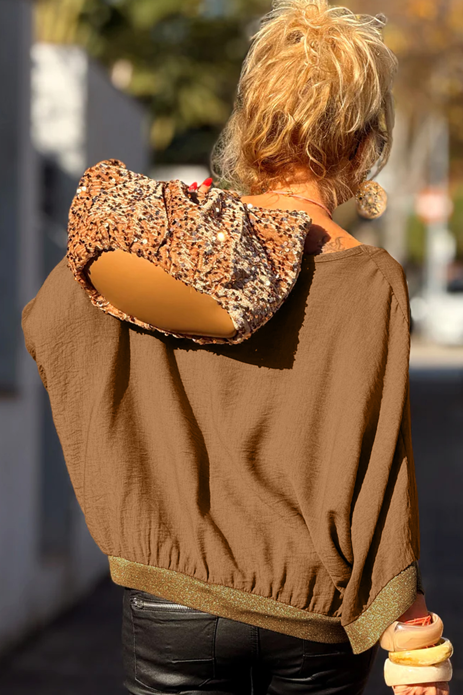 Elegant Glitter Detail Blouse, Women's Casual Bracelet Sleeve - Detail View 2 Elegant Glitter Detail Blouse, Women's Casual Bracelet Sleeve - Detail View 2