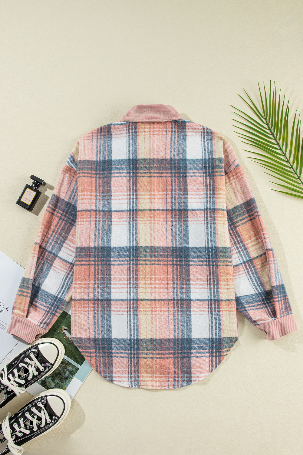 Women's Light Pink Plaid Shacket, Corduroy Patchwork Shirt - Detail View 13 Women's Light Pink Plaid Shacket, Corduroy Patchwork Shirt - Detail View 13