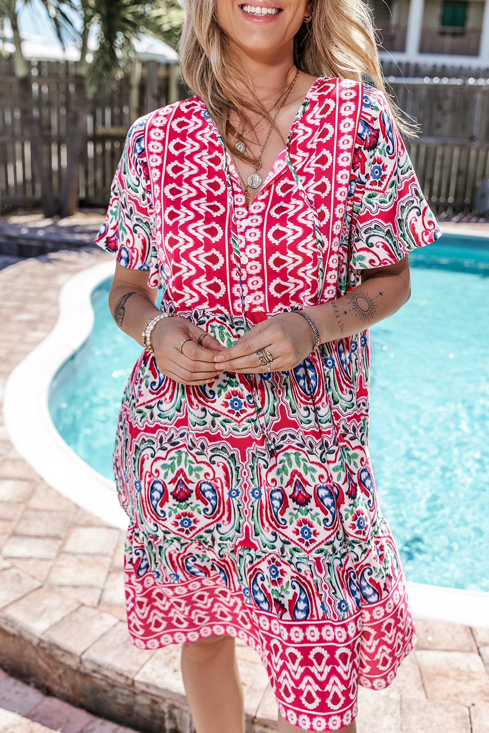 Pink Floral Boho Mini Dress, V Neck Tiered Vacation Outfit - Detail View 5 Pink Floral Boho Mini Dress, V Neck Tiered Vacation Outfit - Detail View 5