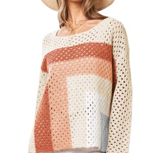 Women's Apricot Pointelle Knit Colorblock Baggy Sweater - Main View