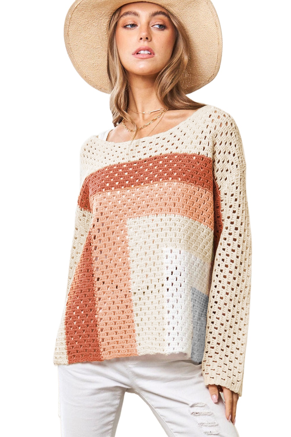 Women's Apricot Pointelle Knit Colorblock Baggy Sweater - Main View Women's Apricot Pointelle Knit Colorblock Baggy Sweater - Main View