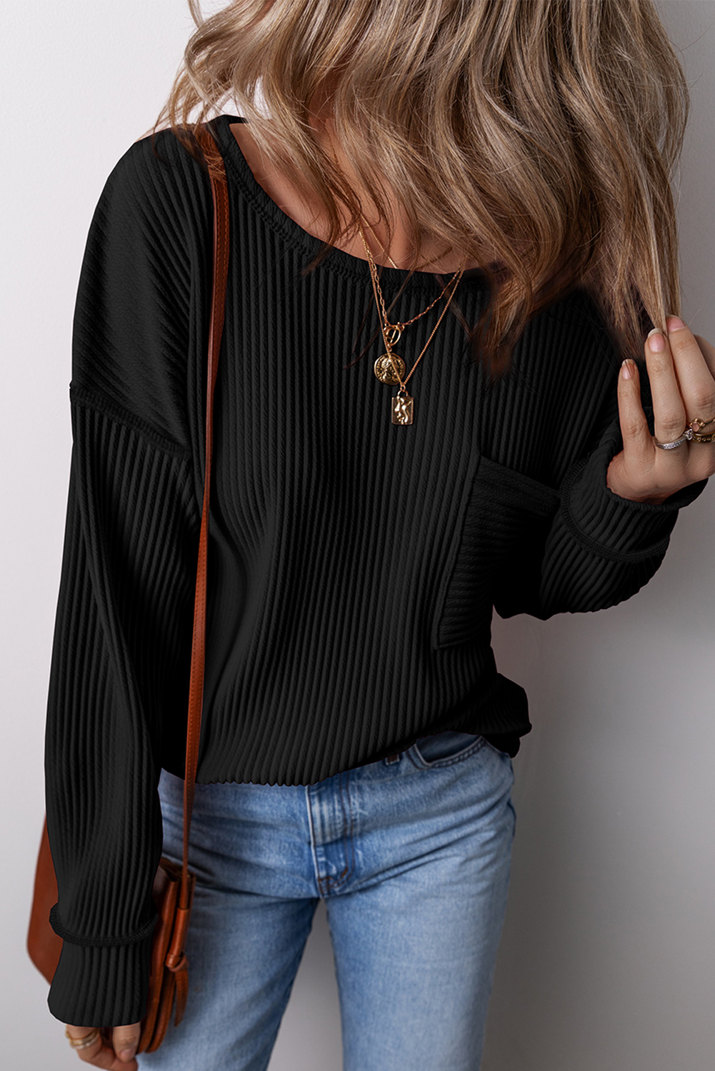 Versatile Long Sleeve Top: Textured Black Solid Color - Detail View 2 Versatile Long Sleeve Top: Textured Black Solid Color - Detail View 2