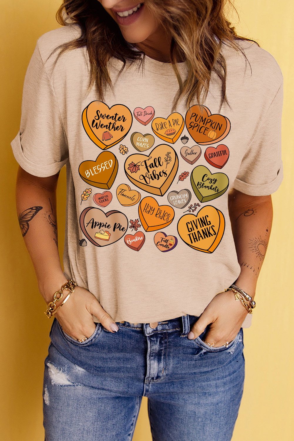 Cozy and Playful Thanksgiving Graphic Tee - Heart-shaped Pattern - Detail View 3 Cozy and Playful Thanksgiving Graphic Tee - Heart-shaped Pattern - Detail View 3