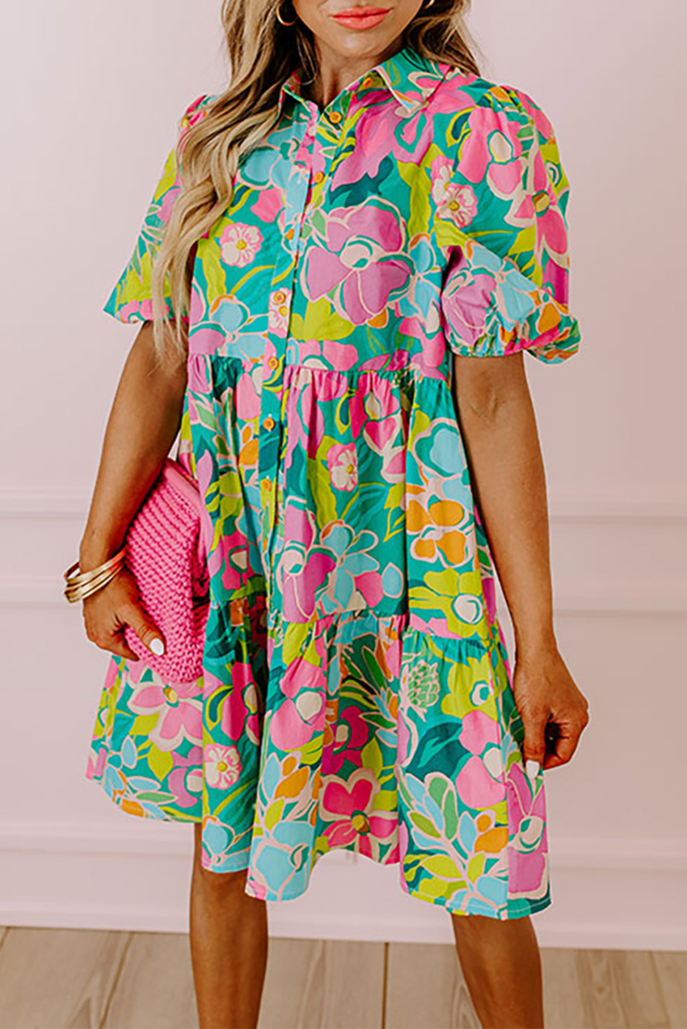 Chic Short Sleeve Green Floral Babydoll Dress with Puff Sleeves - Detail View 2 Chic Short Sleeve Green Floral Babydoll Dress with Puff Sleeves - Detail View 2