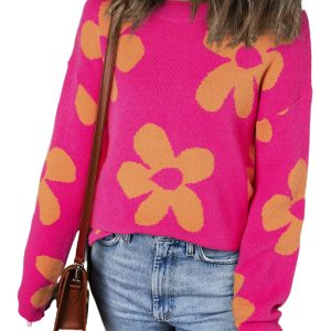 Women's Rose Big Flower Pattern Mock Neck Long Sleeve Sweater - Main View