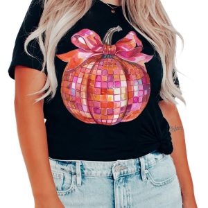 Women's Black Bow Pumpkin Graphic Crewneck T-Shirt for Thanksgiving - Main View