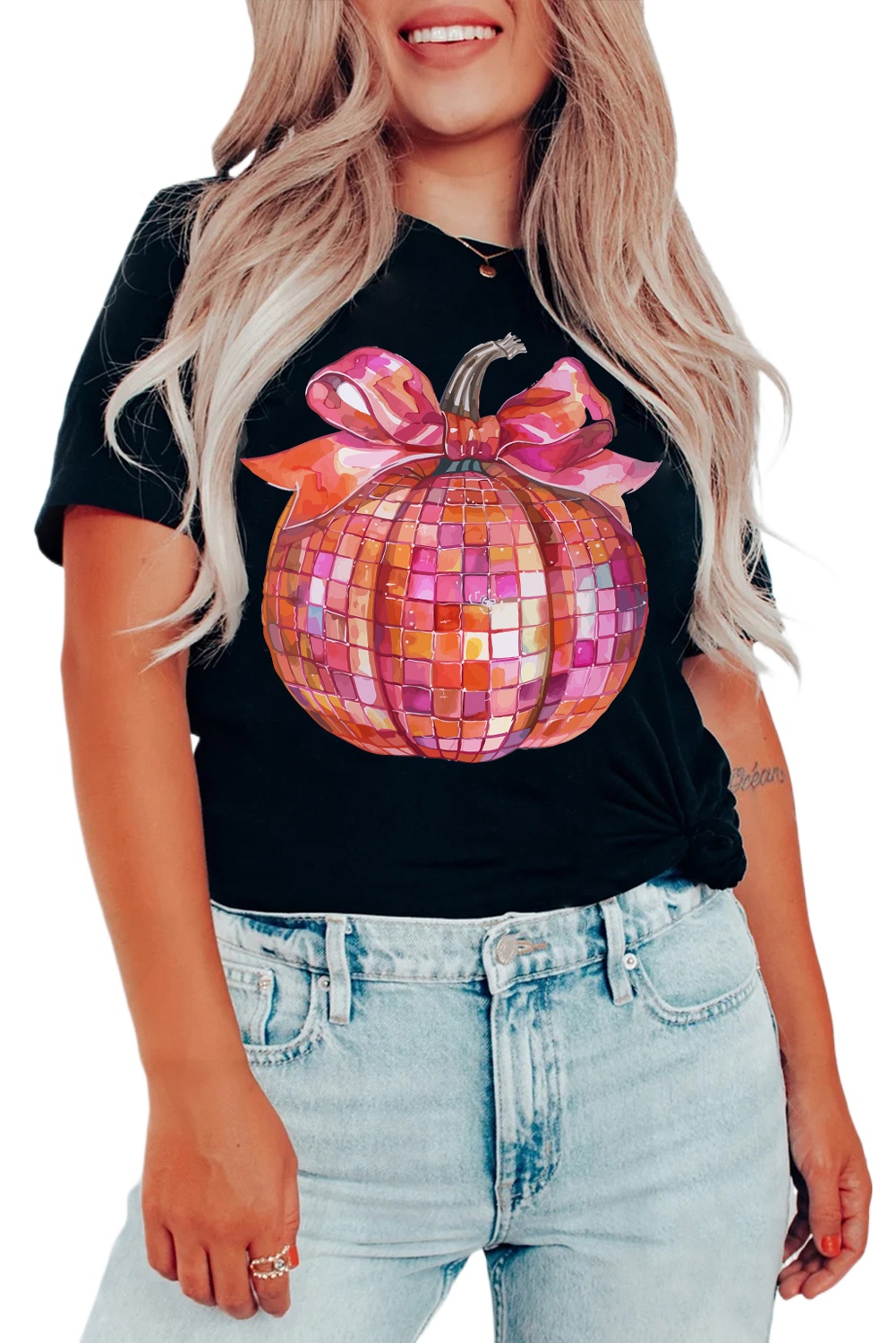 Women's Black Bow Pumpkin Graphic Crewneck T-Shirt for Thanksgiving - Main View Women's Black Bow Pumpkin Graphic Crewneck T-Shirt for Thanksgiving - Main View