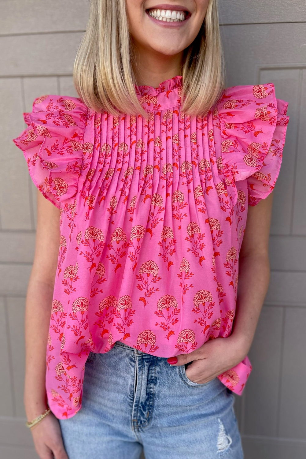 Charming and Elegant Flutter Sleeve Blouse for Women - Rose Red Floral Print - Detail View 8 Charming and Elegant Flutter Sleeve Blouse for Women - Rose Red Floral Print - Detail View 8