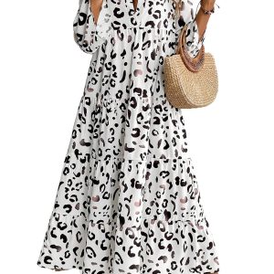 White Leopard Print Maxi Dress with Notch V Neck and Flared Sleeves - Main View