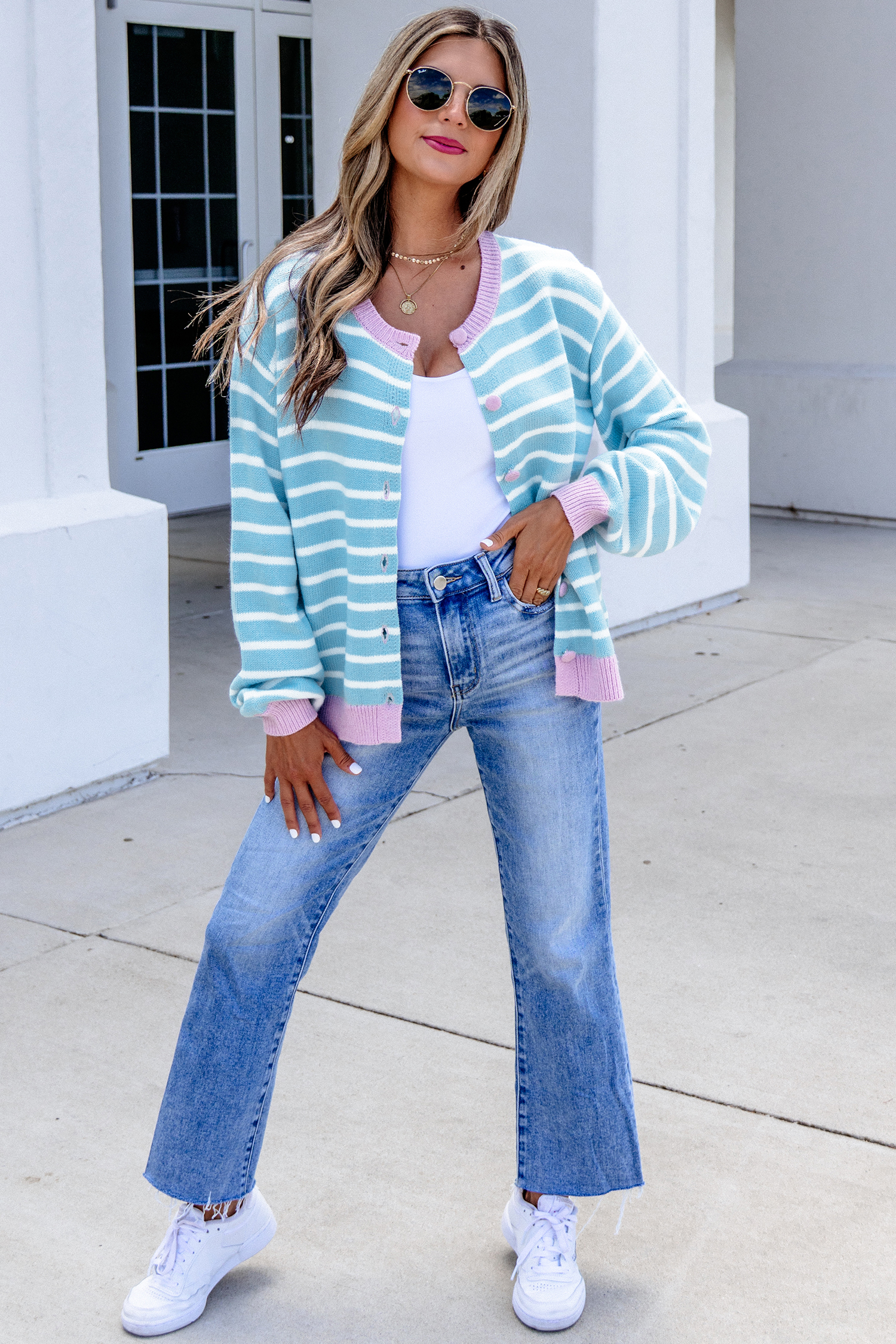 Women's Striped Button Cardigan, Casual Sky Blue Knit Top - Detail View 7 Women's Striped Button Cardigan, Casual Sky Blue Knit Top - Detail View 7