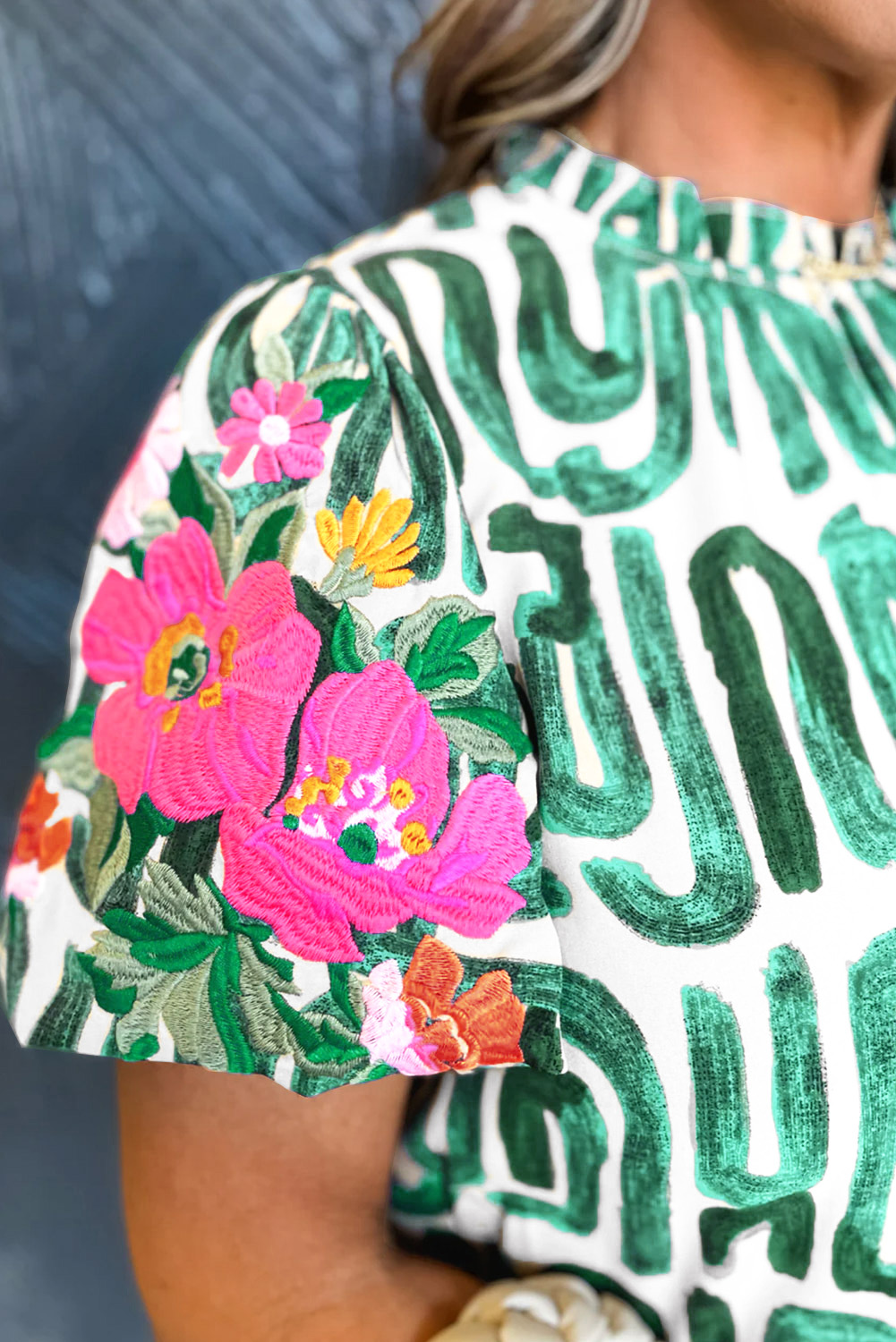 Women's Abstract Print Top, Green Puff Sleeve Summer Blouse - Detail View 7 Women's Abstract Print Top, Green Puff Sleeve Summer Blouse - Detail View 7
