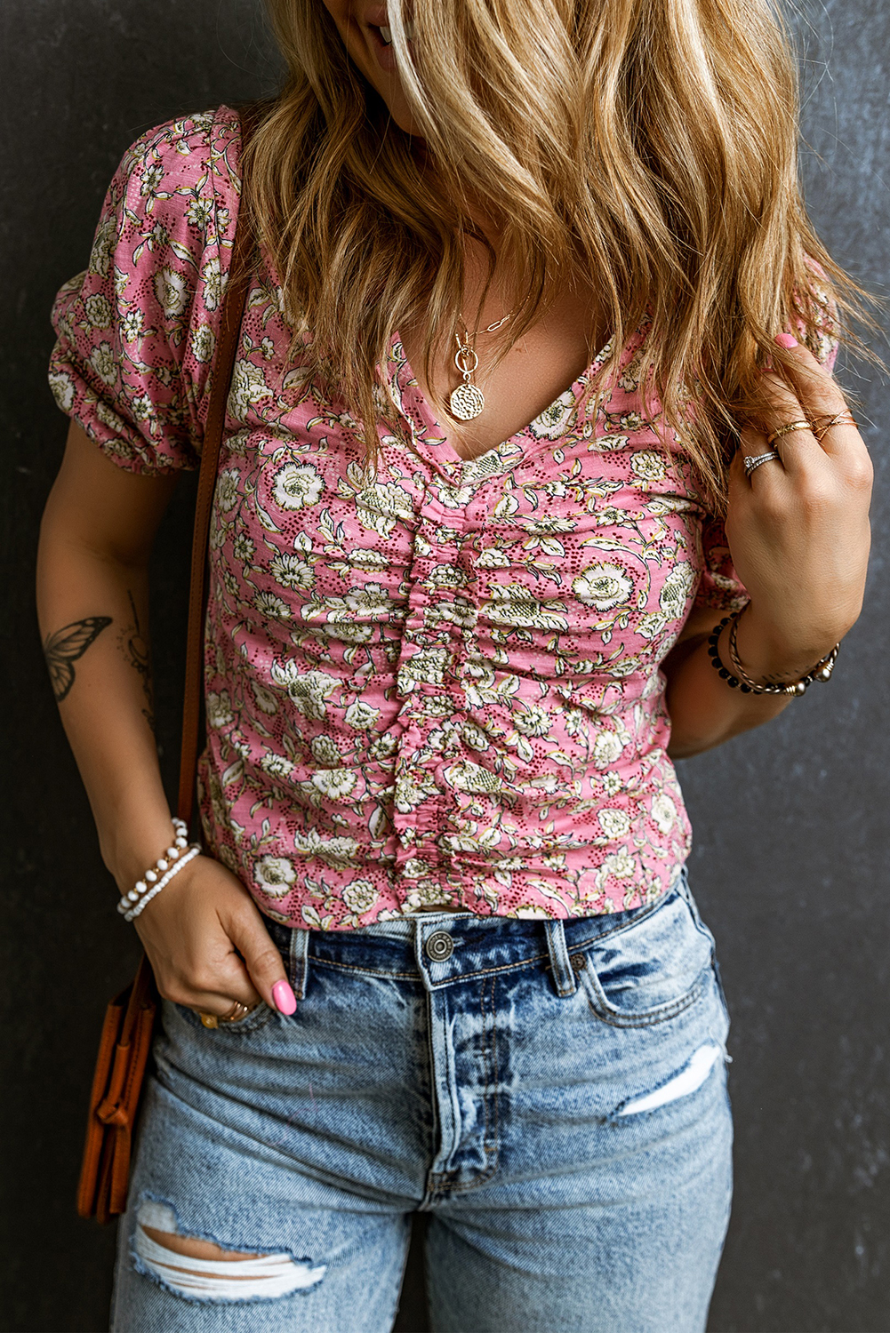 Floral Ruched V Neck Blouse, Casual Short Sleeve Women Top - Detail View 2 Floral Ruched V Neck Blouse, Casual Short Sleeve Women Top - Detail View 2