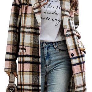 Women's Elegant Pink Plaid Button Up Lapel Jacket - Main View