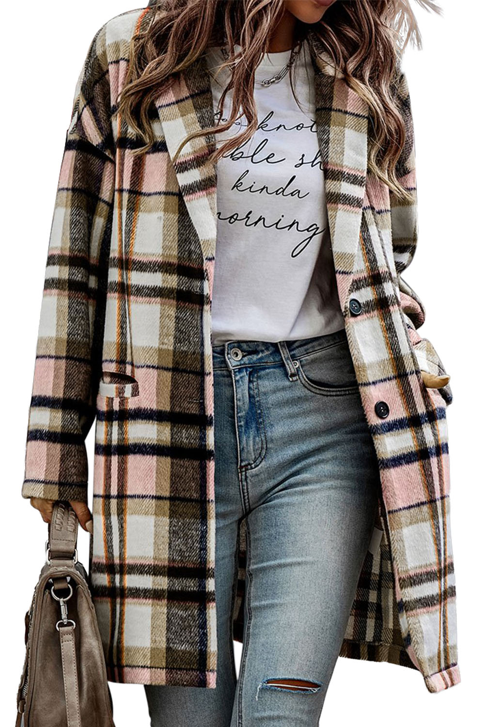 Women's Elegant Pink Plaid Button Up Lapel Jacket - Main View Women's Elegant Pink Plaid Button Up Lapel Jacket - Main View