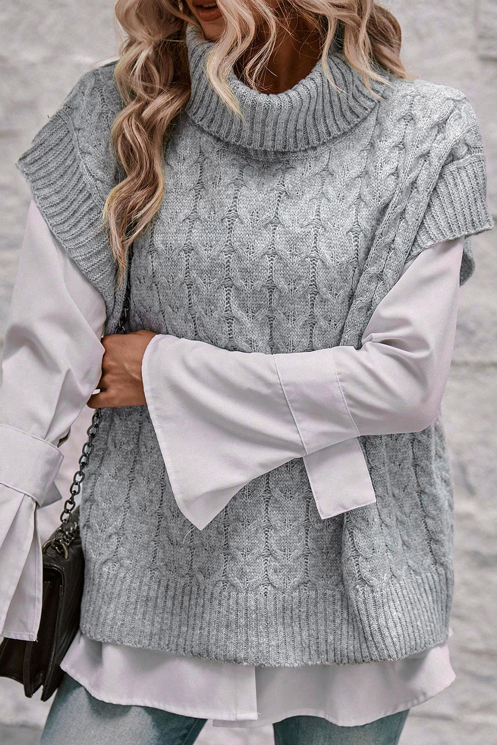 Women's Mock Neck Cable Sweater, Grey Short Sleeve Knitwear - Detail View 6 Women's Mock Neck Cable Sweater, Grey Short Sleeve Knitwear - Detail View 6