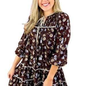 Women's Brown Floral Shift Dress, Casual Fall Mini - Main View