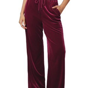 Women's Burgundy Solid Wide Leg Pants with Drawstring Waist - Main View