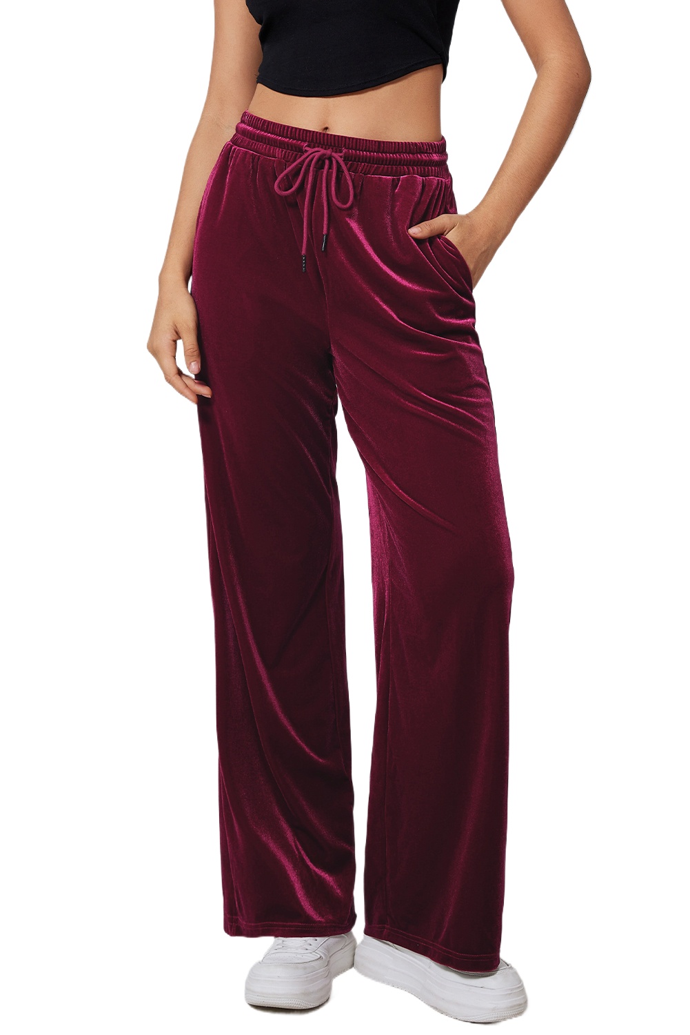 Women's Burgundy Solid Wide Leg Pants with Drawstring Waist - Main View Women's Burgundy Solid Wide Leg Pants with Drawstring Waist - Main View