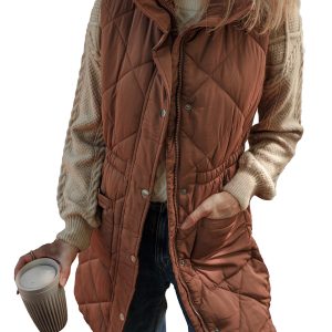 Women's Coffee Quilted Longline Puffer Vest with Stand Collar - Main View