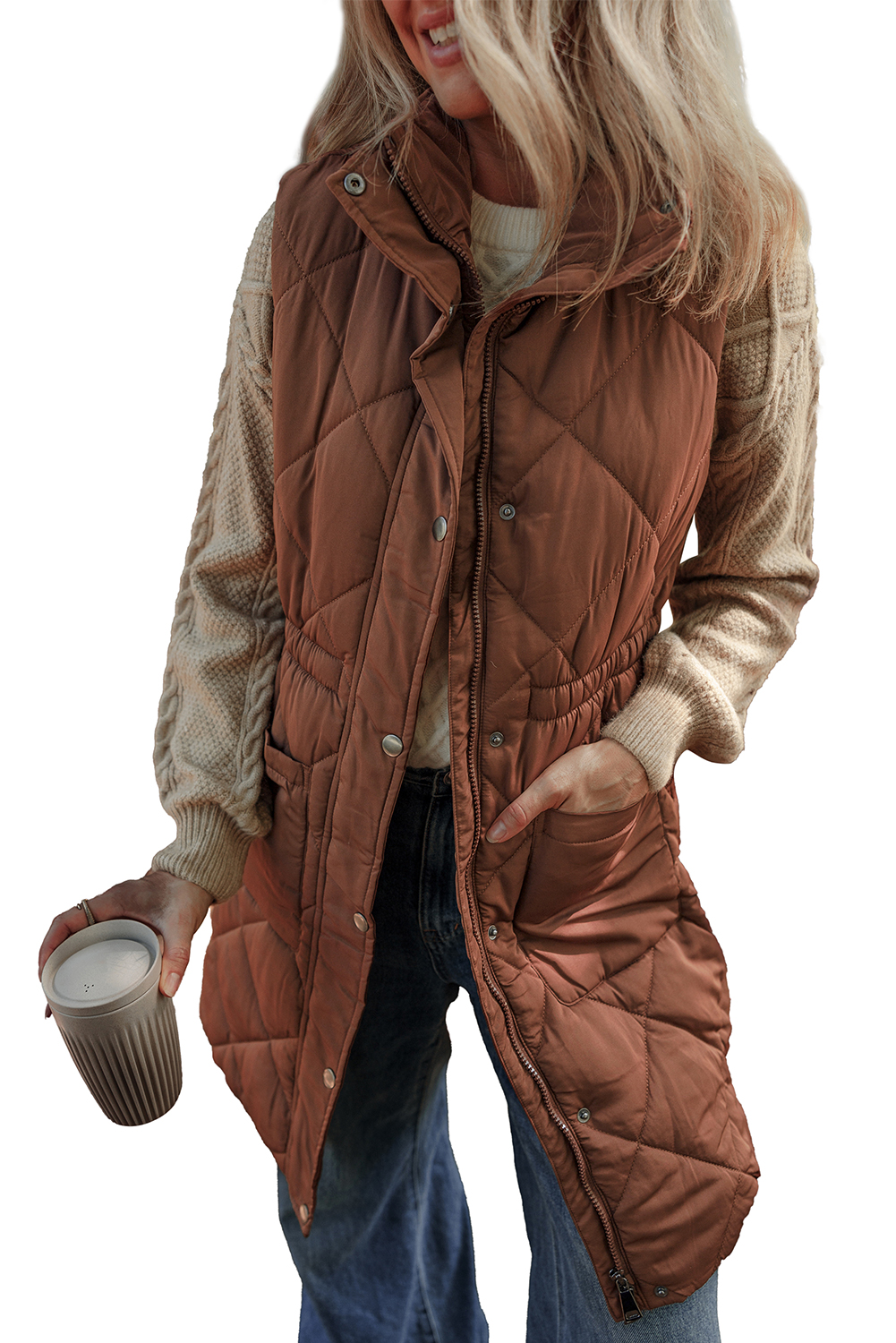 Women's Coffee Quilted Longline Puffer Vest with Stand Collar - Main View Women's Coffee Quilted Longline Puffer Vest with Stand Collar - Main View