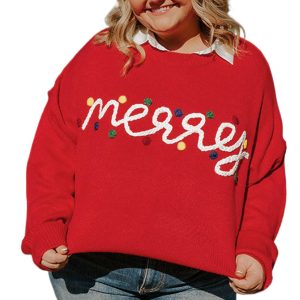 Fiery Red Merry Graphic Plus Size Christmas Sweater for Women - Main View