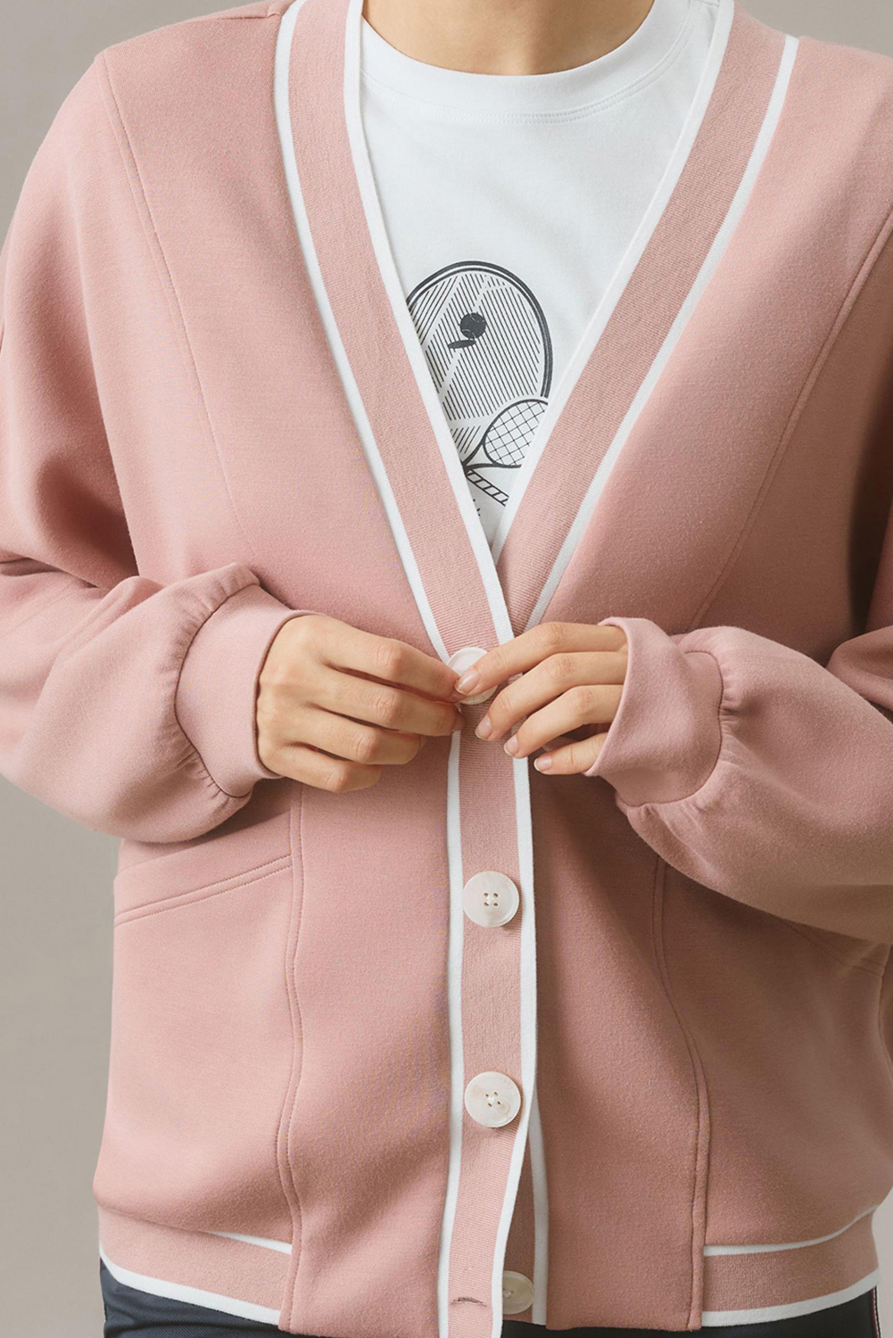 Women's Cardigan, Pink Stripe, Contrast Trim, V Neck, Button Front, Oversized Fit, Casual Style, Long Sleeve, Side Pockets, Knitted Sweater, Daily Wear, Fall Fashion, Comfortable, Versatile - Detail View 4 Women's Cardigan, Pink Stripe, Contrast Trim, V Neck, Button Front, Oversized Fit, Casual Style, Long Sleeve, Side Pockets, Knitted Sweater, Daily Wear, Fall Fashion, Comfortable, Versatile - Detail View 4