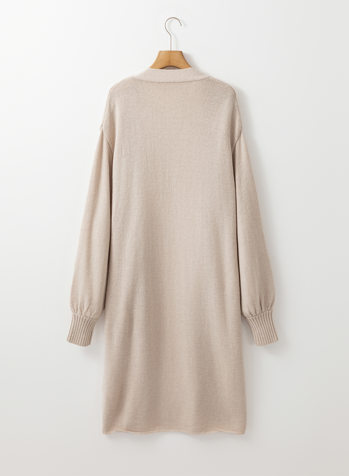 Women's Beige Long Knitted Cardigan with Puff Sleeves and Side Pockets - Detail View 6 Women's Beige Long Knitted Cardigan with Puff Sleeves and Side Pockets - Detail View 6