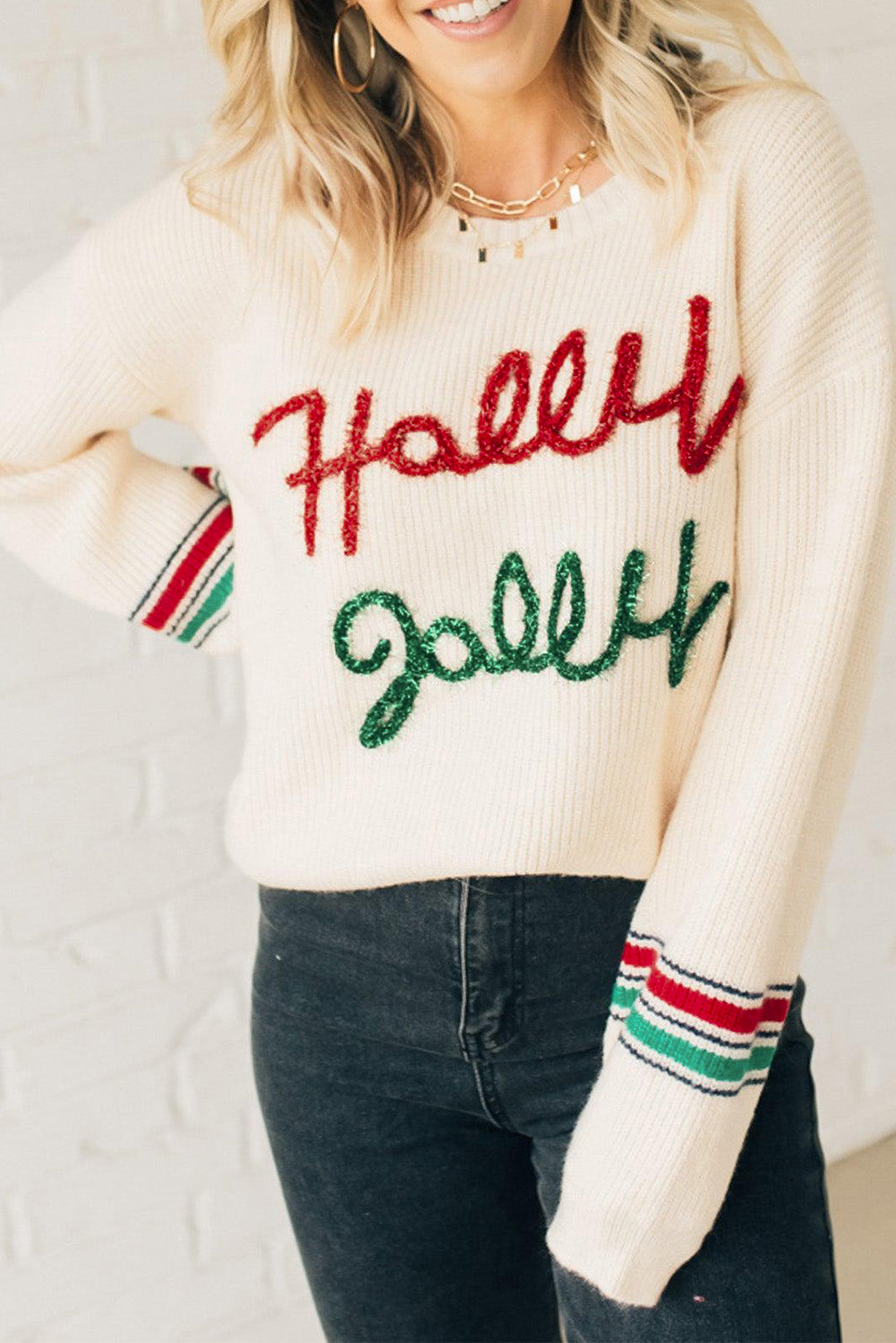 Stylish Loose Fit Christmas Sweater with Holly Jolly Graphic and Striped Sleeves - Detail View 2 Stylish Loose Fit Christmas Sweater with Holly Jolly Graphic and Striped Sleeves - Detail View 2