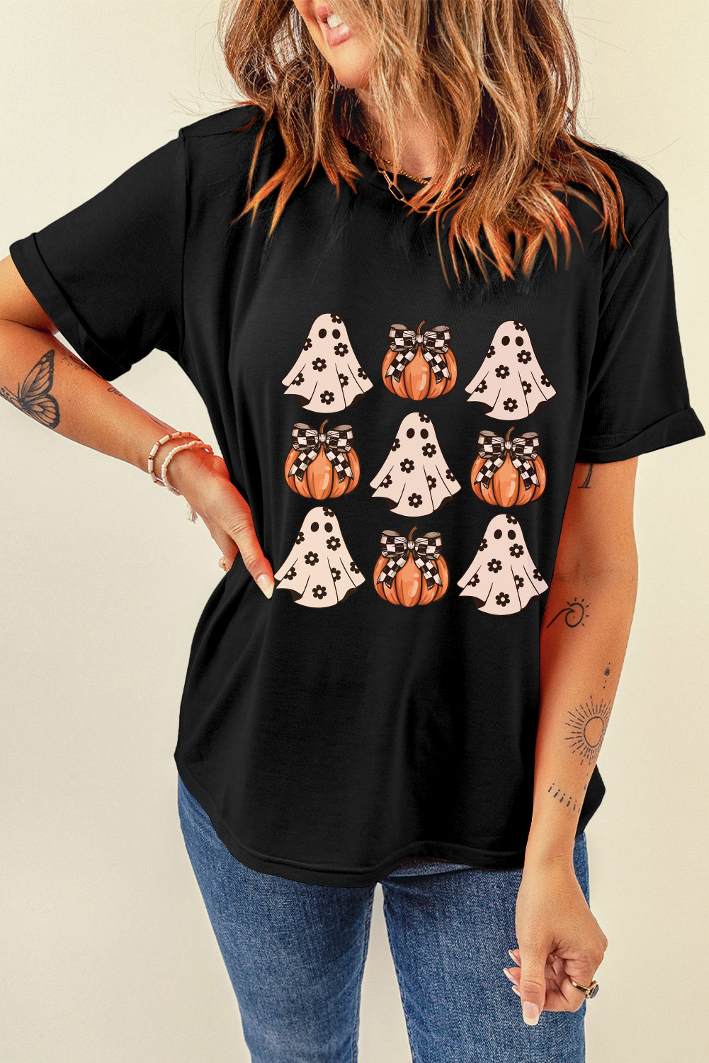 Festive Short Sleeve Tee: Halloween Ghost Pumpkin Print - Black - Detail View 7 Festive Short Sleeve Tee: Halloween Ghost Pumpkin Print - Black - Detail View 7