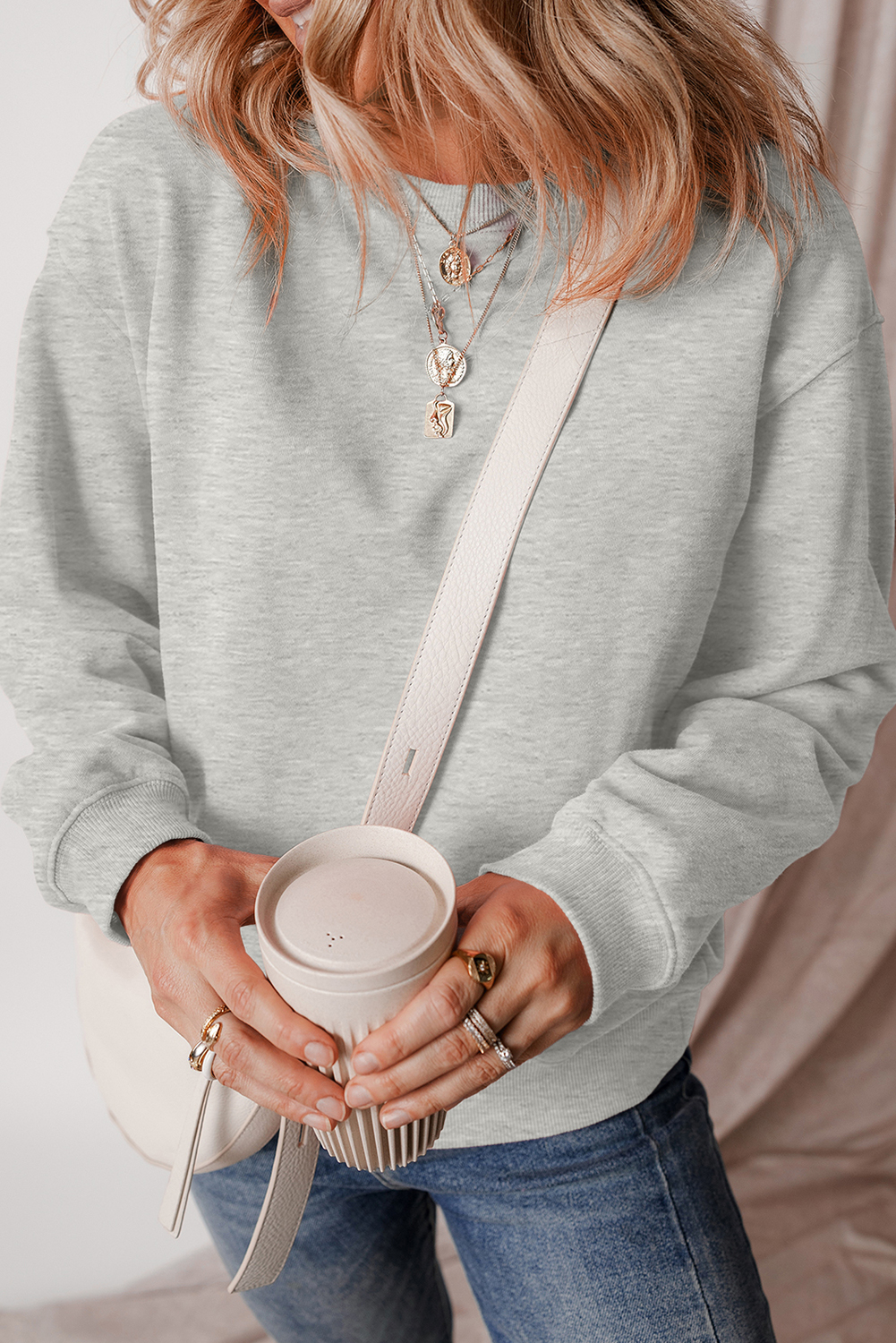 Warm and Cozy Gray Sweatshirt with Fleece Lining and Drop Shoulder Design - Detail View 2 Warm and Cozy Gray Sweatshirt with Fleece Lining and Drop Shoulder Design - Detail View 2