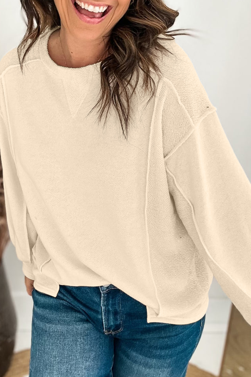 Women's Beige Splicing Round Neck Pullover Sweatshirt - Detail View 6 Women's Beige Splicing Round Neck Pullover Sweatshirt - Detail View 6