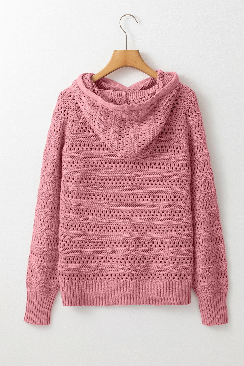 Women's Peach Blossom Pointelle Knit Raglan Sleeve Hooded Sweater - Detail View 6 Women's Peach Blossom Pointelle Knit Raglan Sleeve Hooded Sweater - Detail View 6