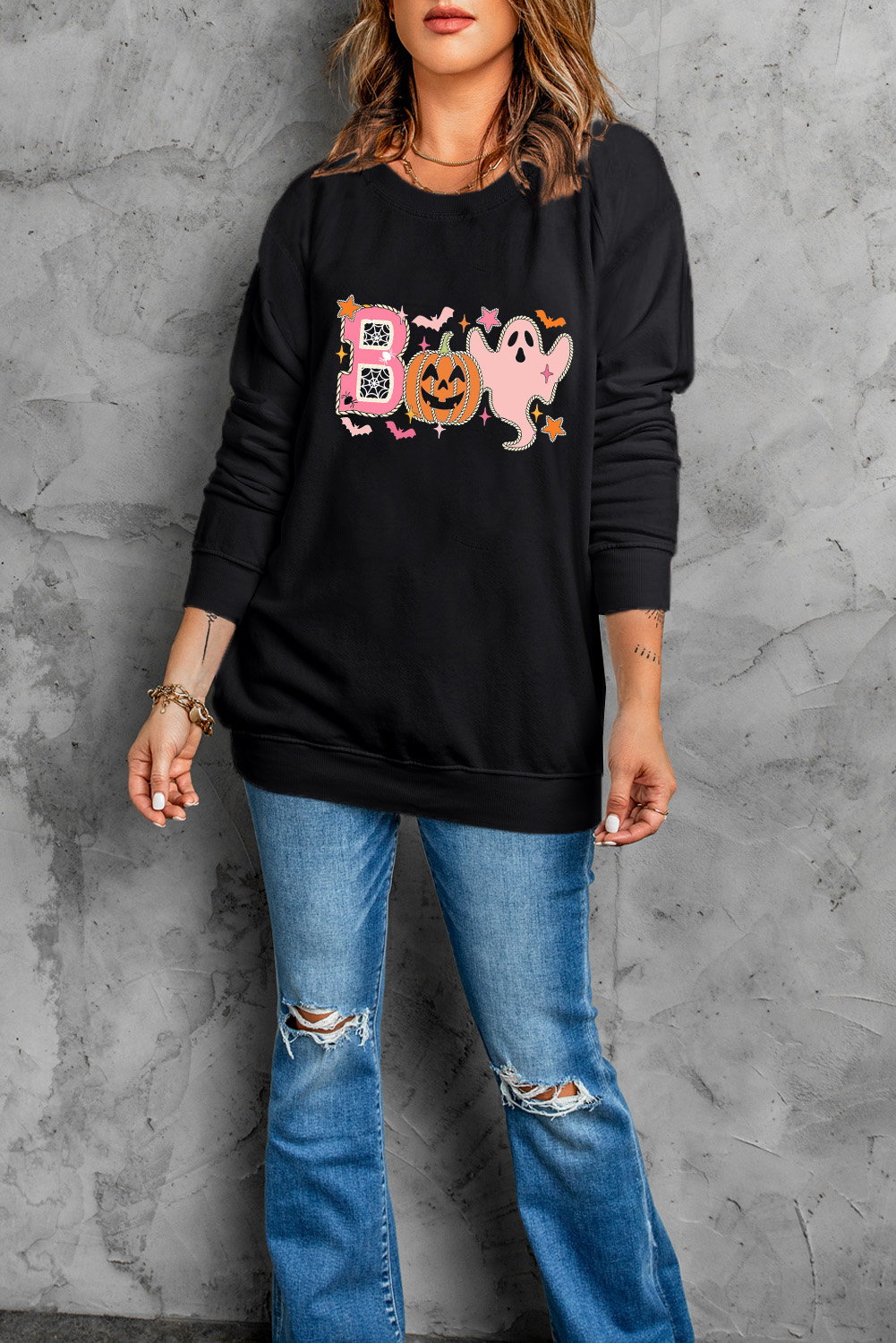 Casual Black Halloween Sweatshirt with BOO and Ghost Graphics - Detail View 6 Casual Black Halloween Sweatshirt with BOO and Ghost Graphics - Detail View 6